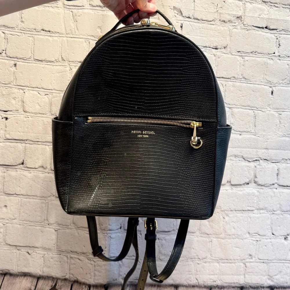 Henri Bendel Black Reptile Embossed Leather Backpack Structured Bag quiet luxury